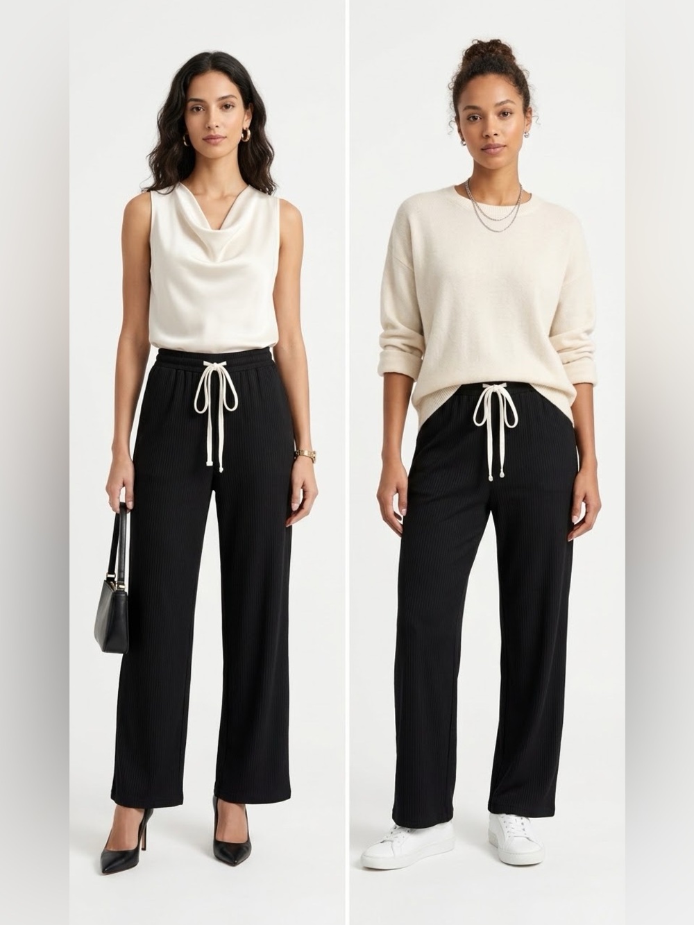 Black Ribbed Drawstring Wide-Leg Pants - Black